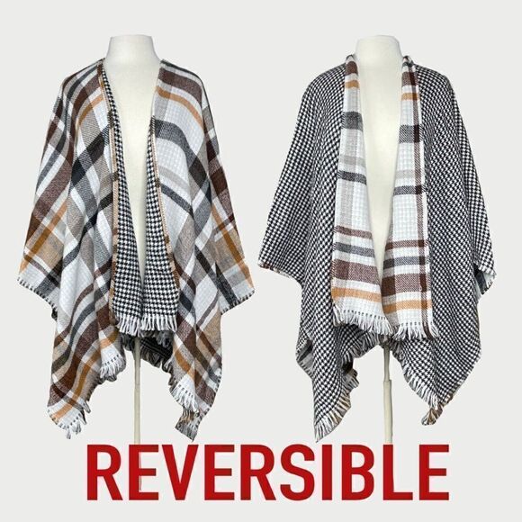 Steve Madden Plaid Reversible Fringe Sweater Poncho Cape OSFA NEW - Picture 1 of 9